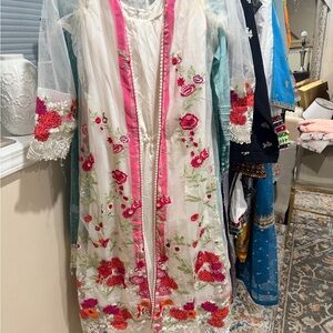 Pakistani Indian Desi Outfit White jumpsuit with Embroidered net coat over it